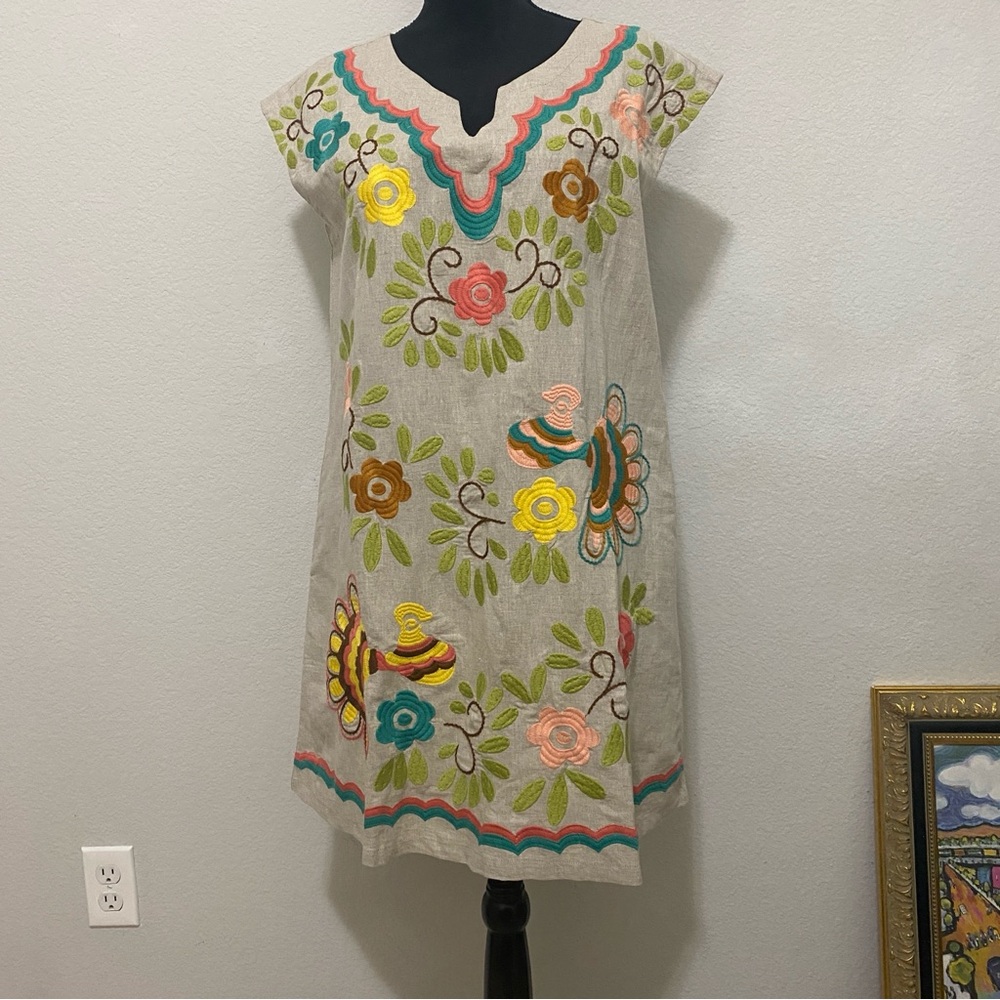 Sister Mary Lola Embroidered 100%‎ Linen Floral Shift Dress Neutral Small